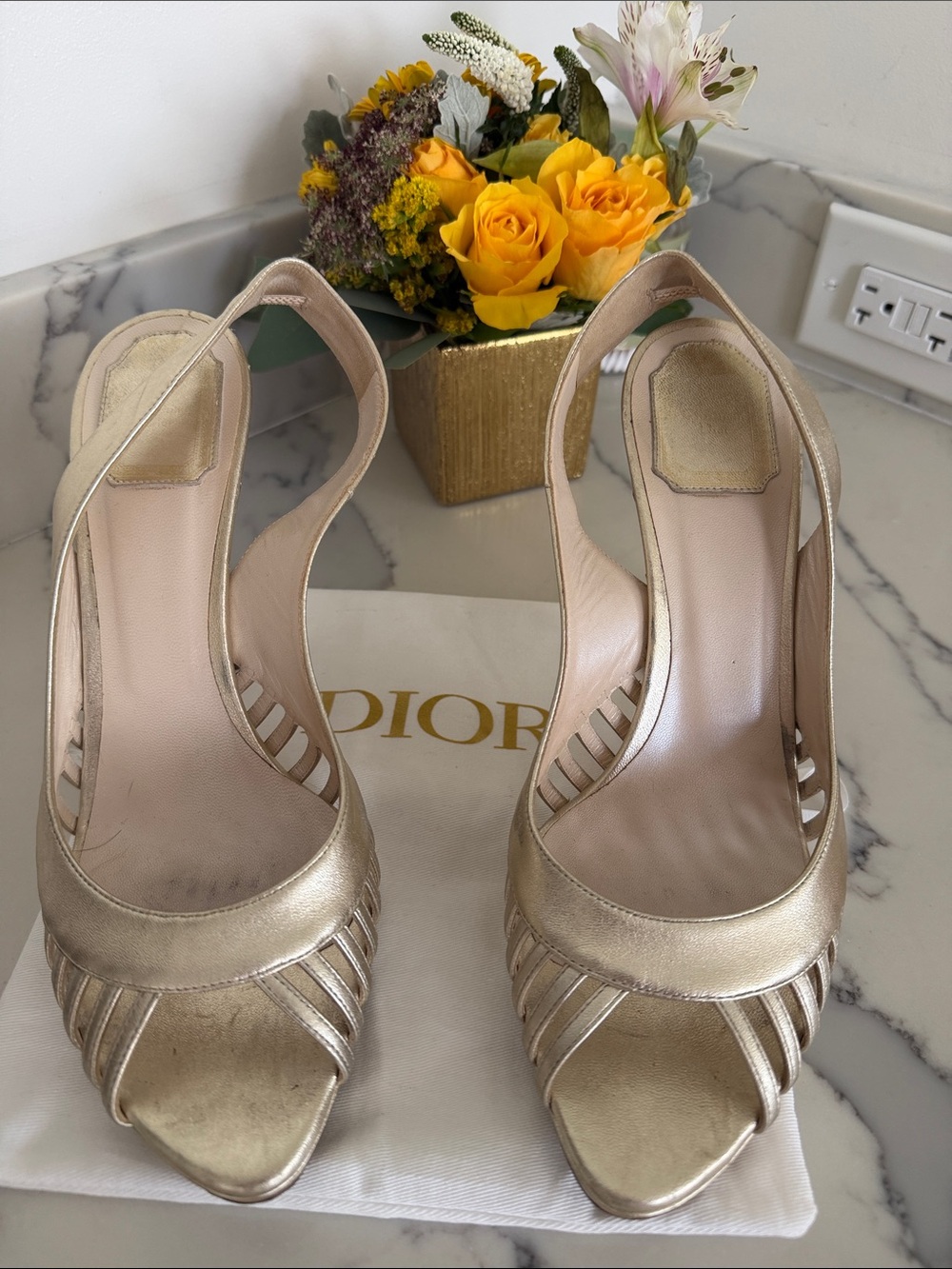 Dior Metallic Gold Open-Toe Slingback Heels